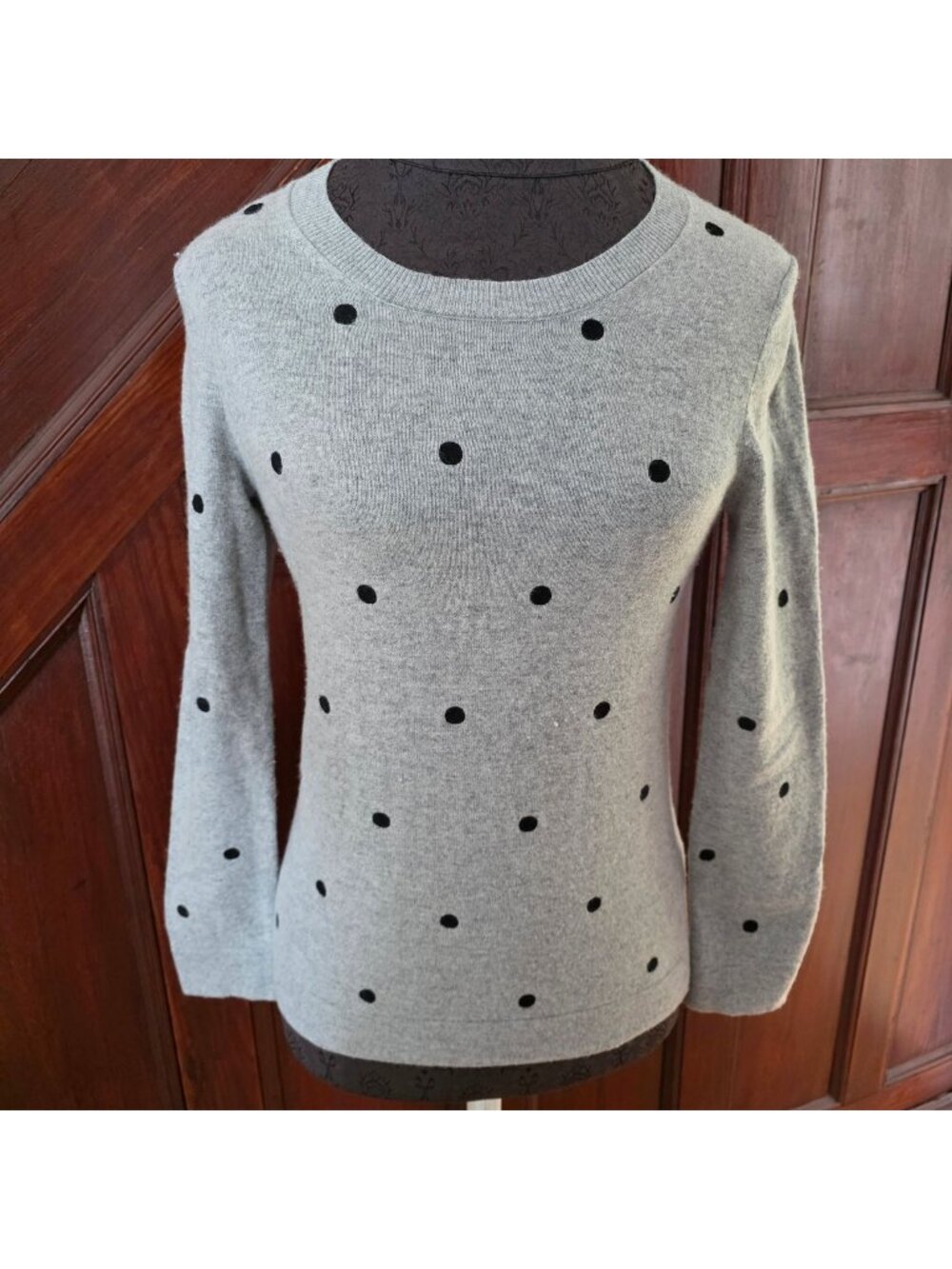 Gray Polka Dot Sweater With Black Accents Merino Wool Blend Womens Size XS